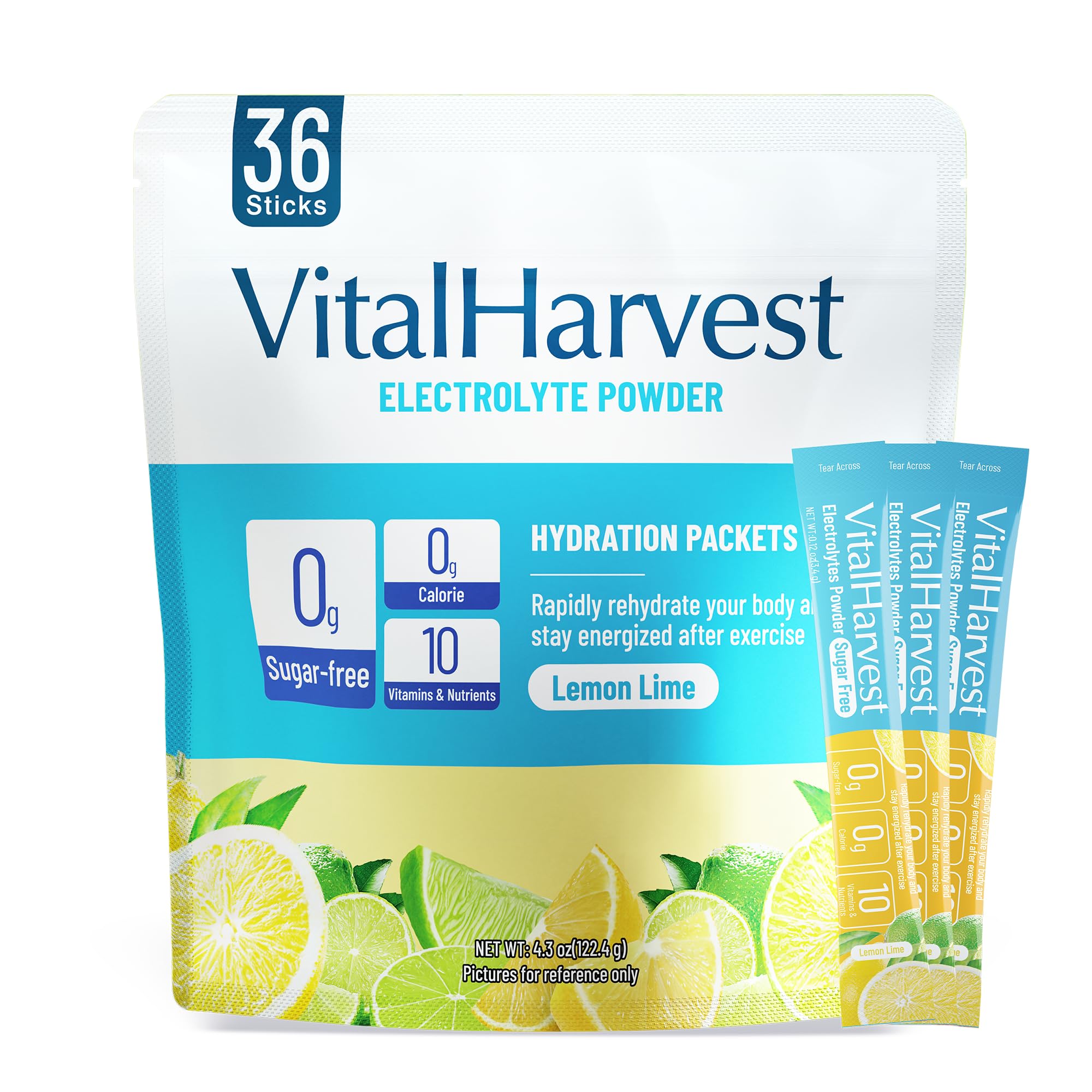 VitalHarvest Endure frente del empaque mostrando 36 sobres, fácil transporte