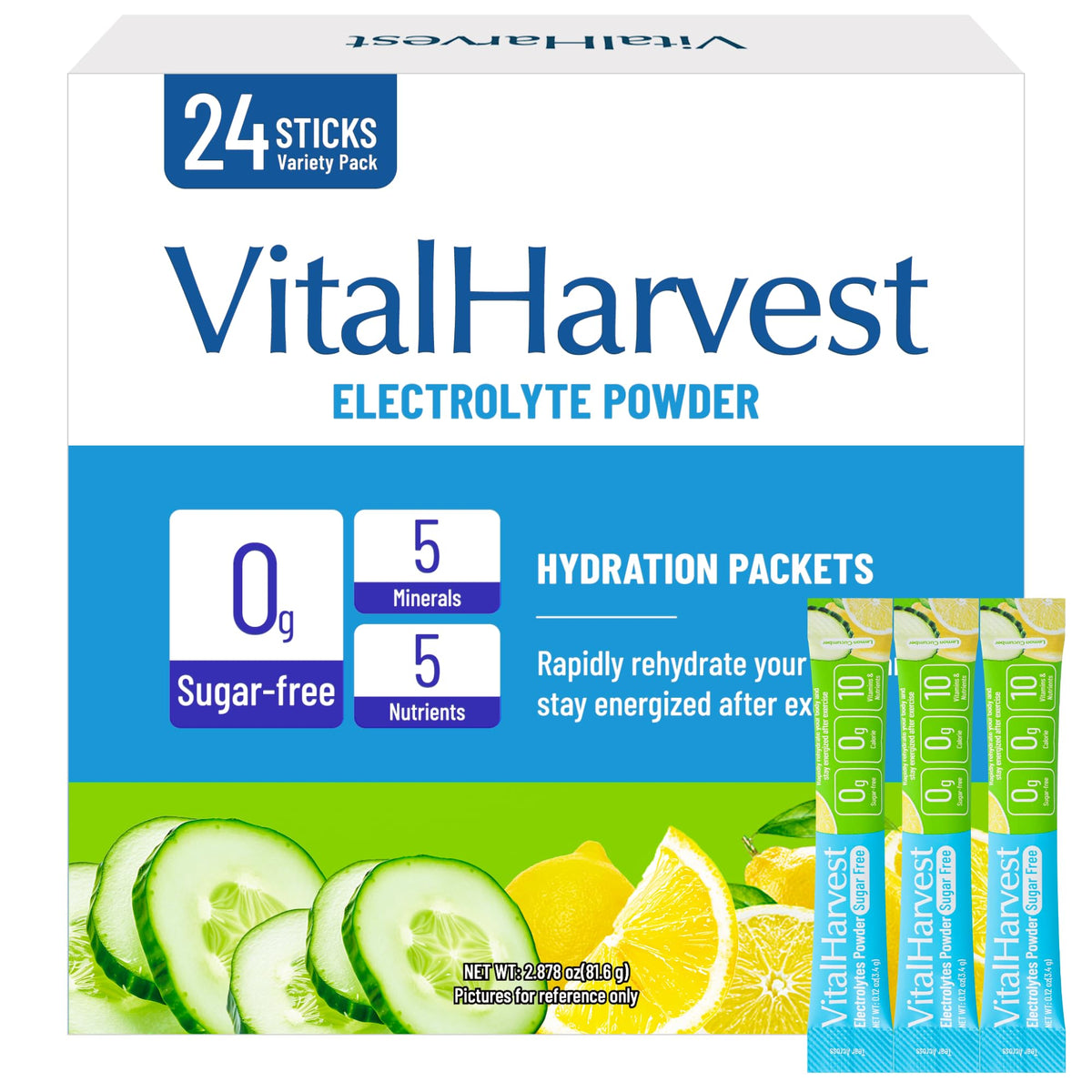 VitalHarvest Endure frente del empaque mostrando 24 sobres, hidratación portátil