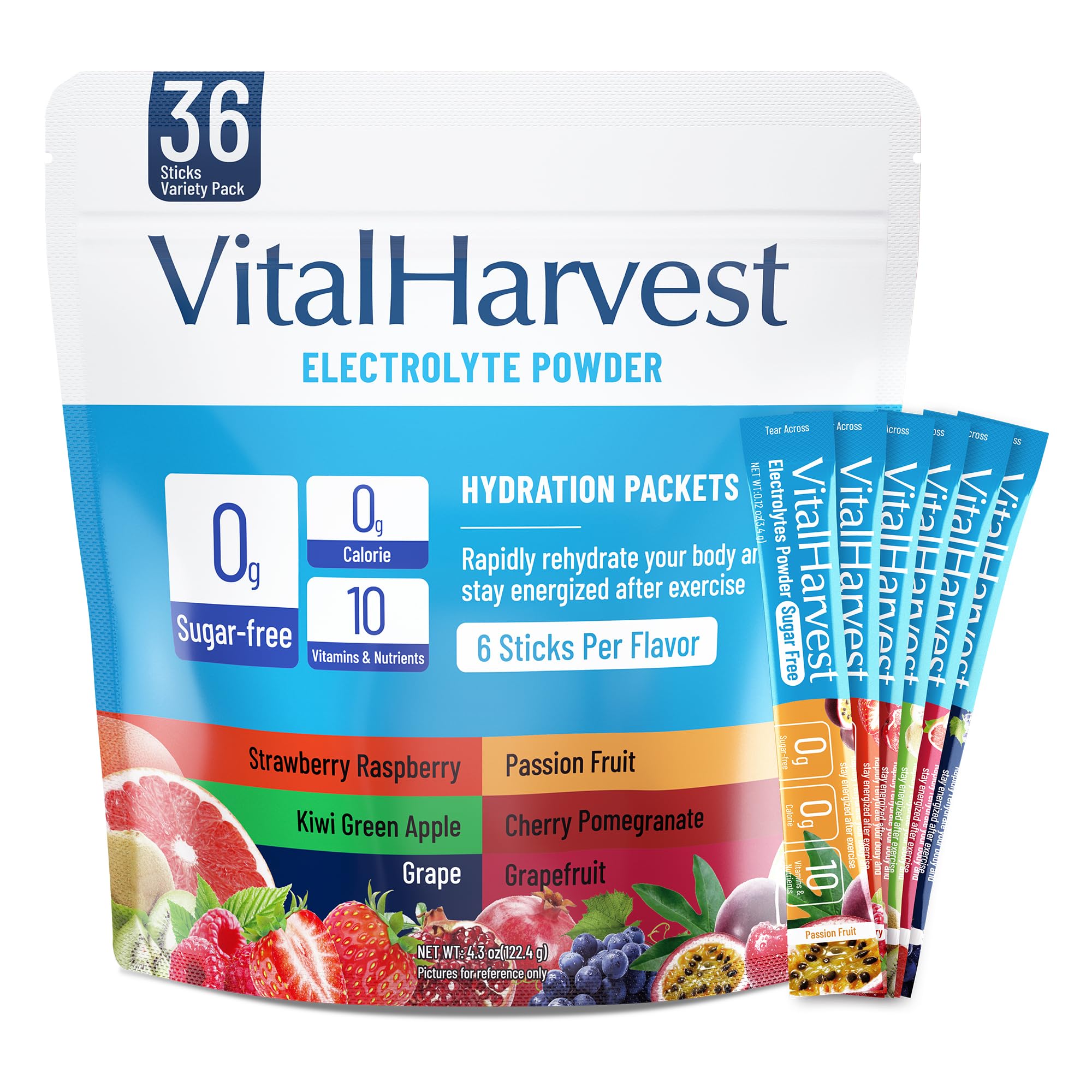 VitalHarvest Endure frente del empaque mostrando 36 sobres y sabores