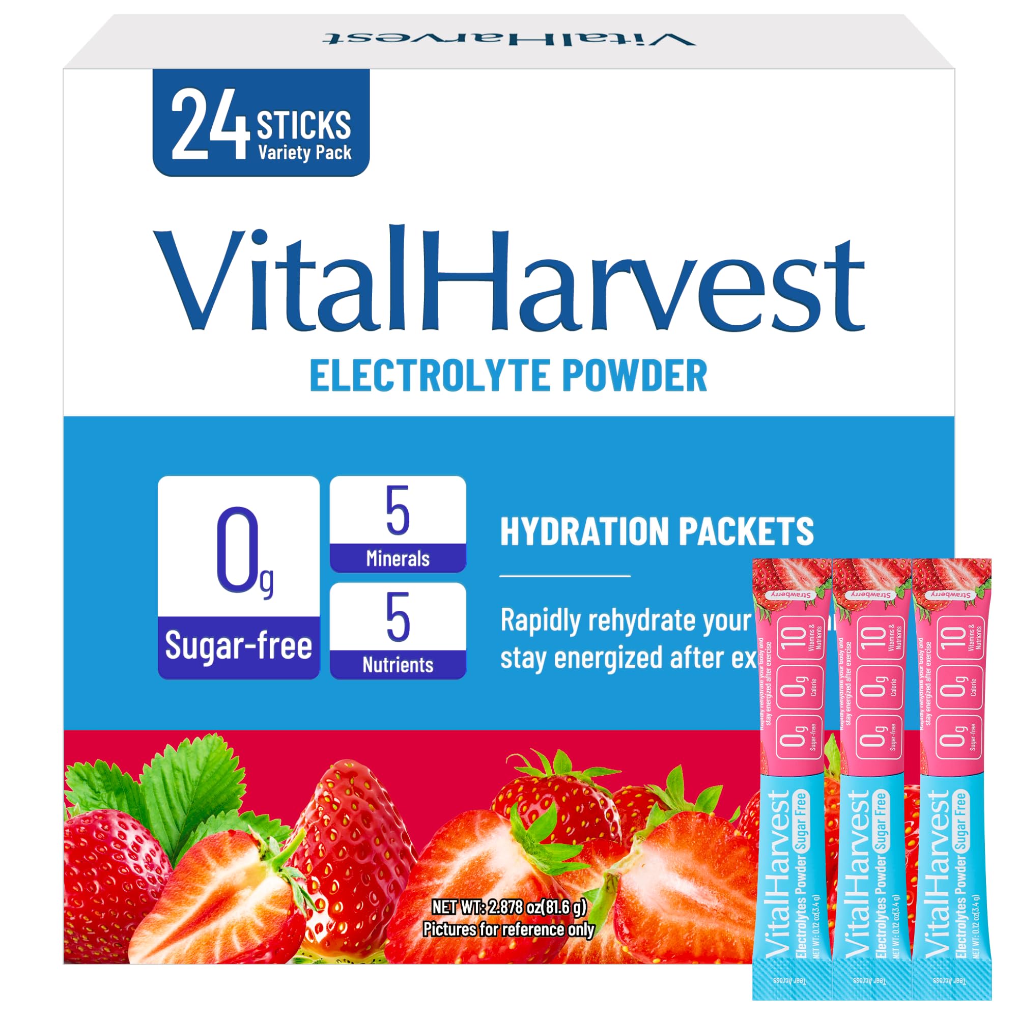 VitalHarvest Endure frente del empaque mostrando 24 sobres y beneficios