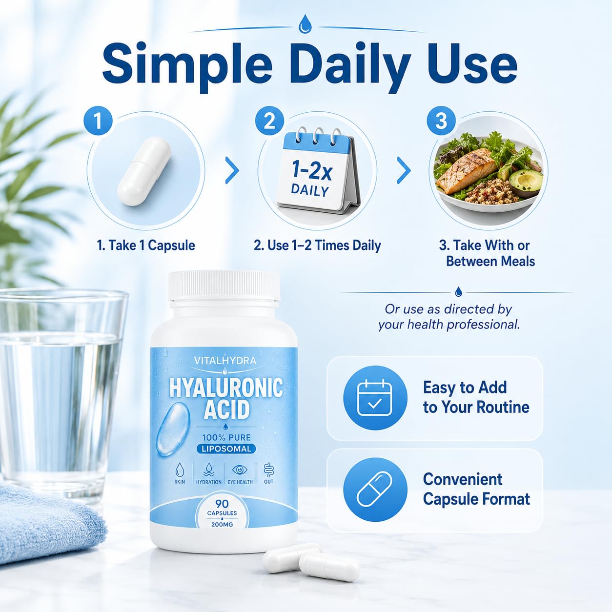 Vitalhydra cápsula tomada con agua, conveniente para rutinas diarias