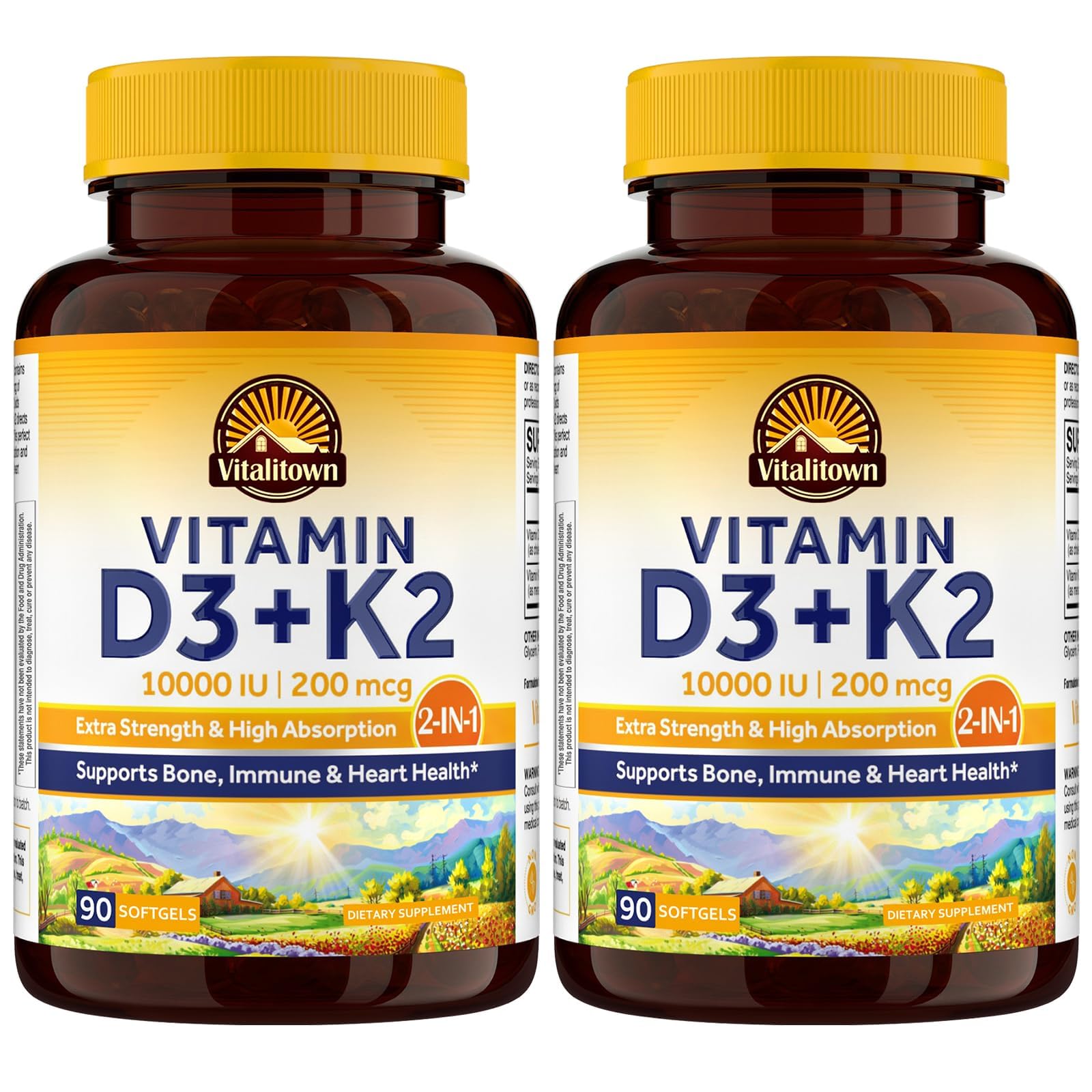 Vitalitown frente del envase mostrando la fórmula D3 K2 y cantidad