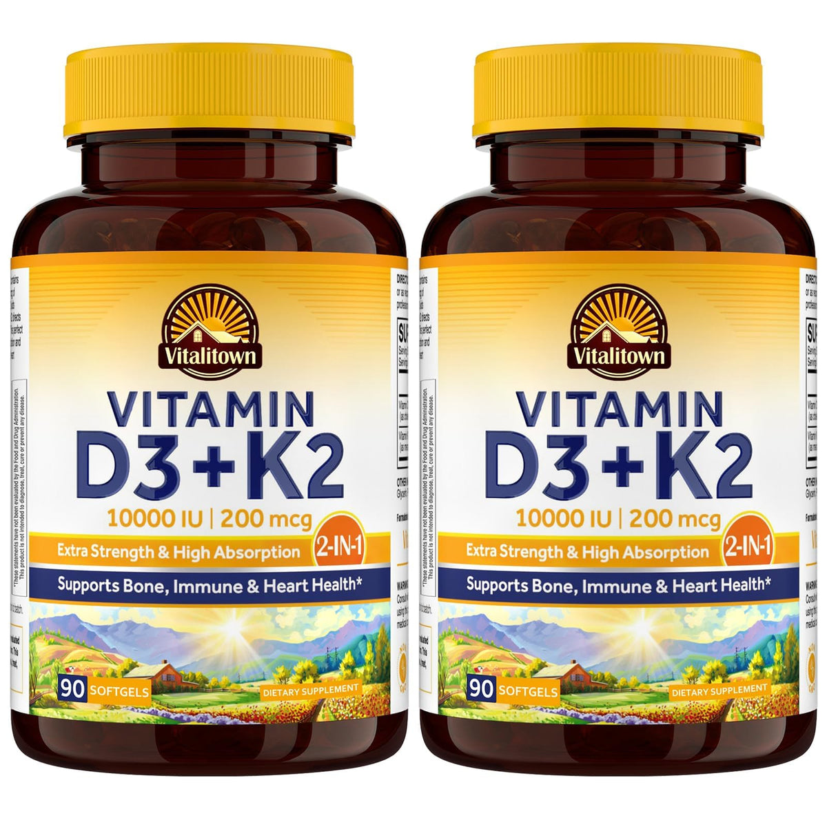 Vitalitown frente del envase mostrando la fórmula D3 K2 y cantidad