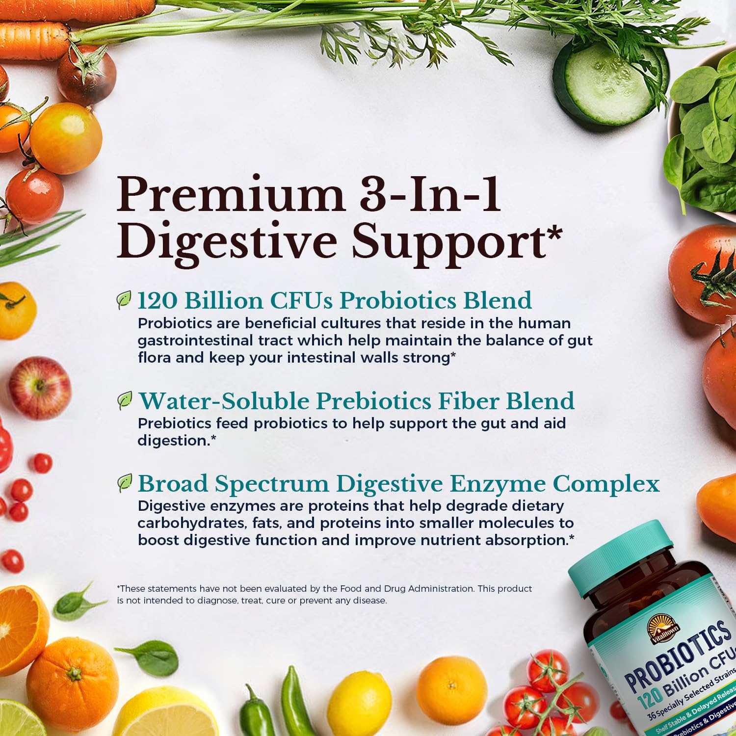 Zoom etiqueta Vitalitown con tabla nutricional y lista de 36 cepas