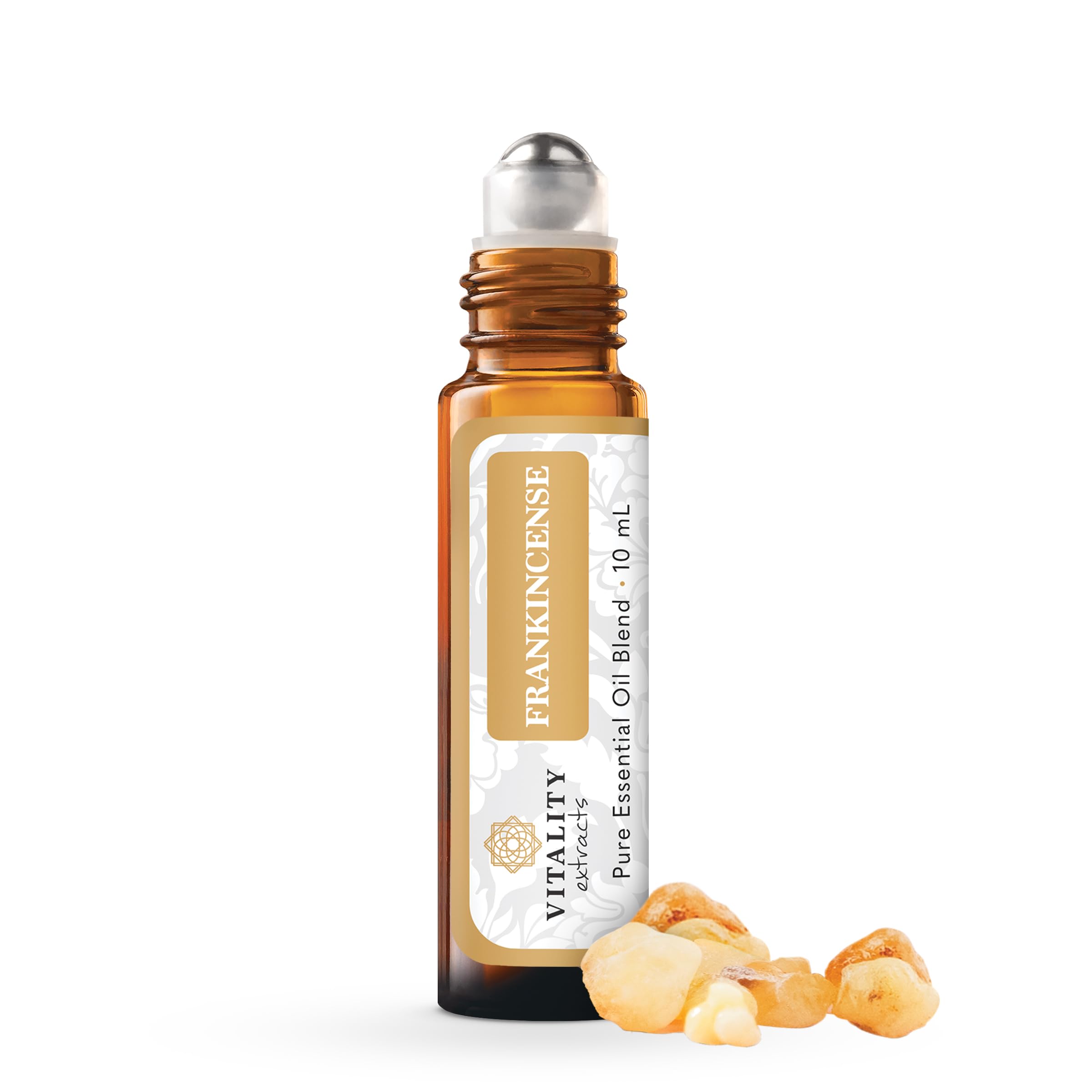 Vitality roll-on incienso frente paquete y vidrio, beneficio portabilidad