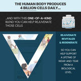 Vitality Now producto junto a hojas que sugiere ingredientes naturales