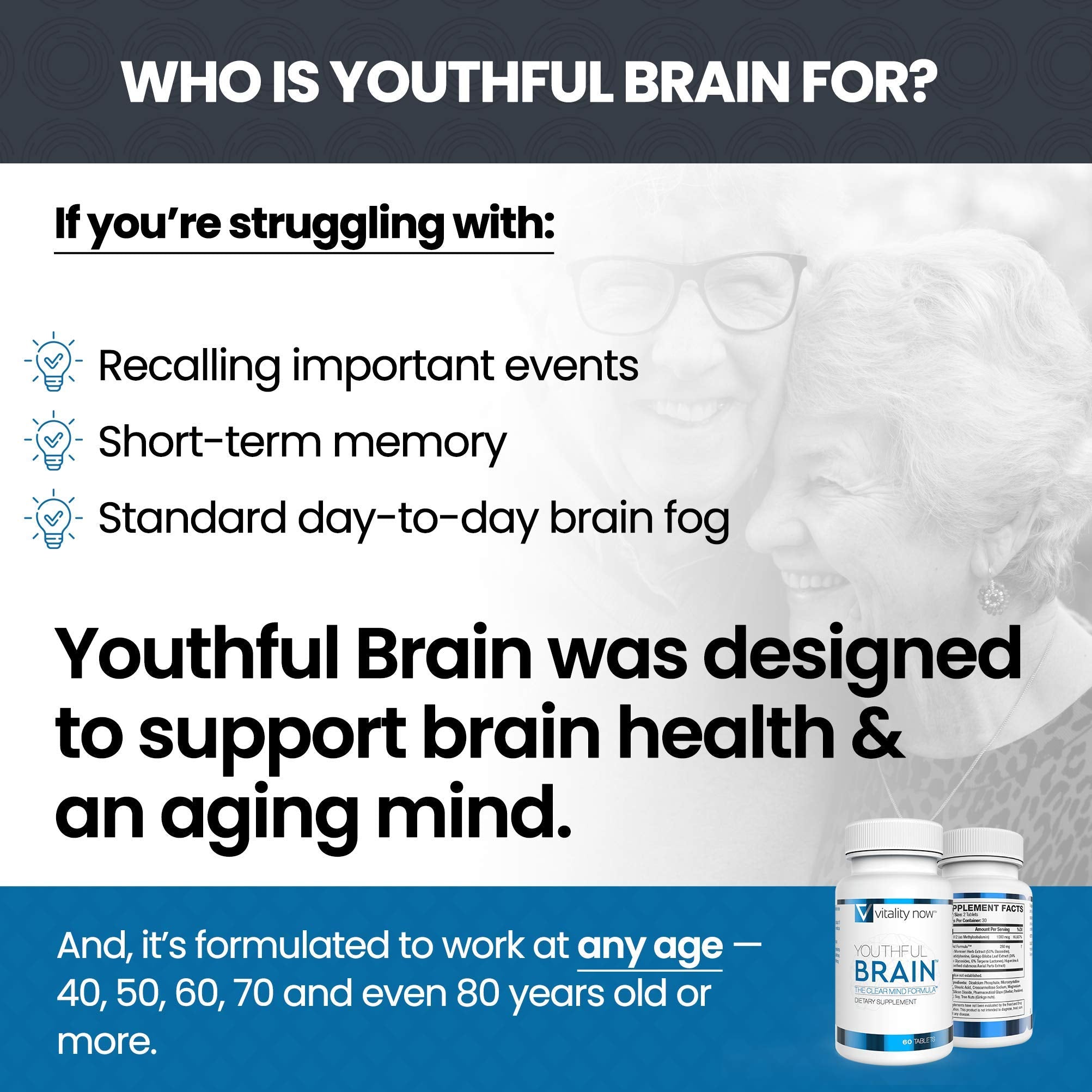 Vitality Now Youthful Brain ingredientes botánicos destacando Bacopa y Ginkgo para respaldo natural