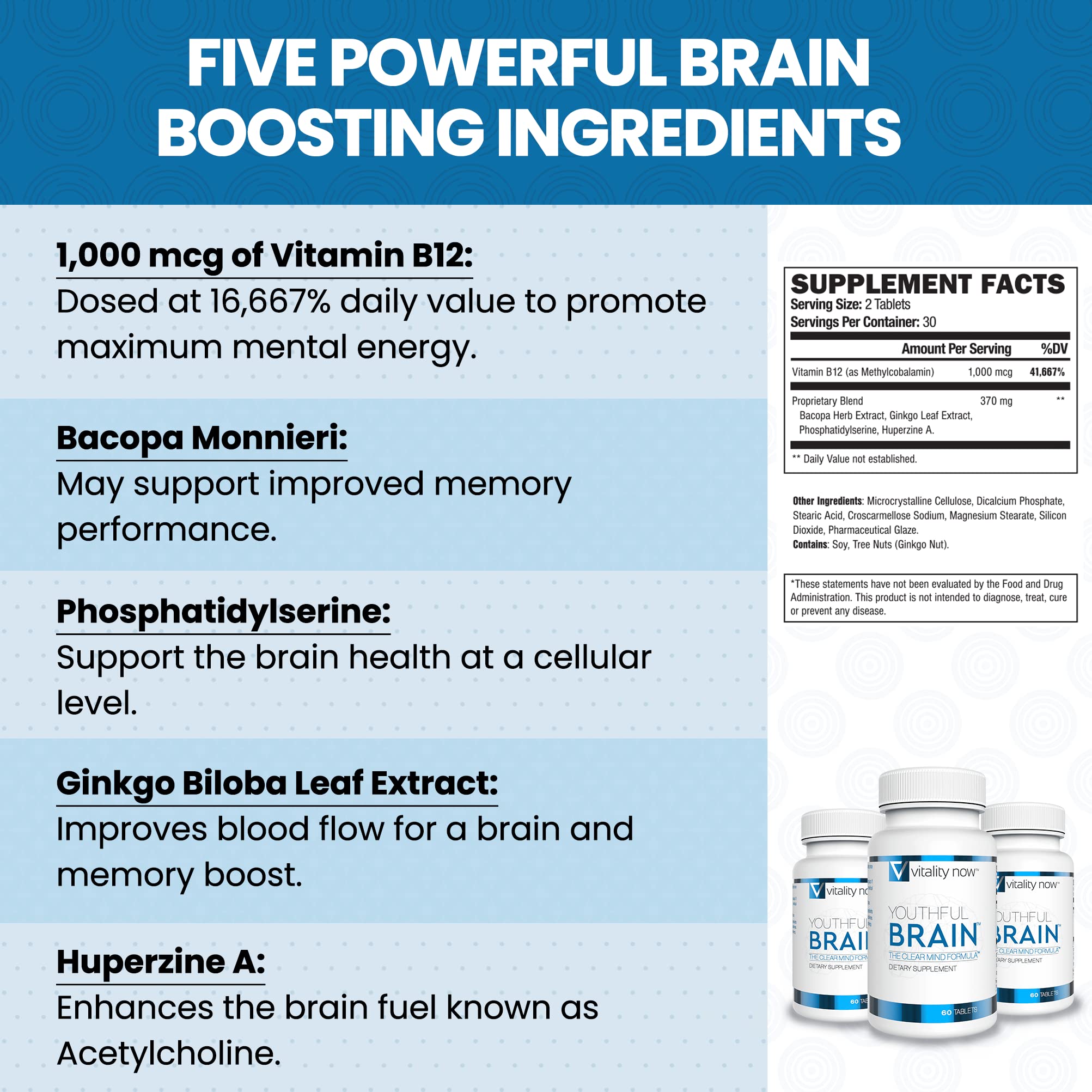 Vitality Now Youthful Brain tabletas en mano demostrando tamaño y facilidad para tragar