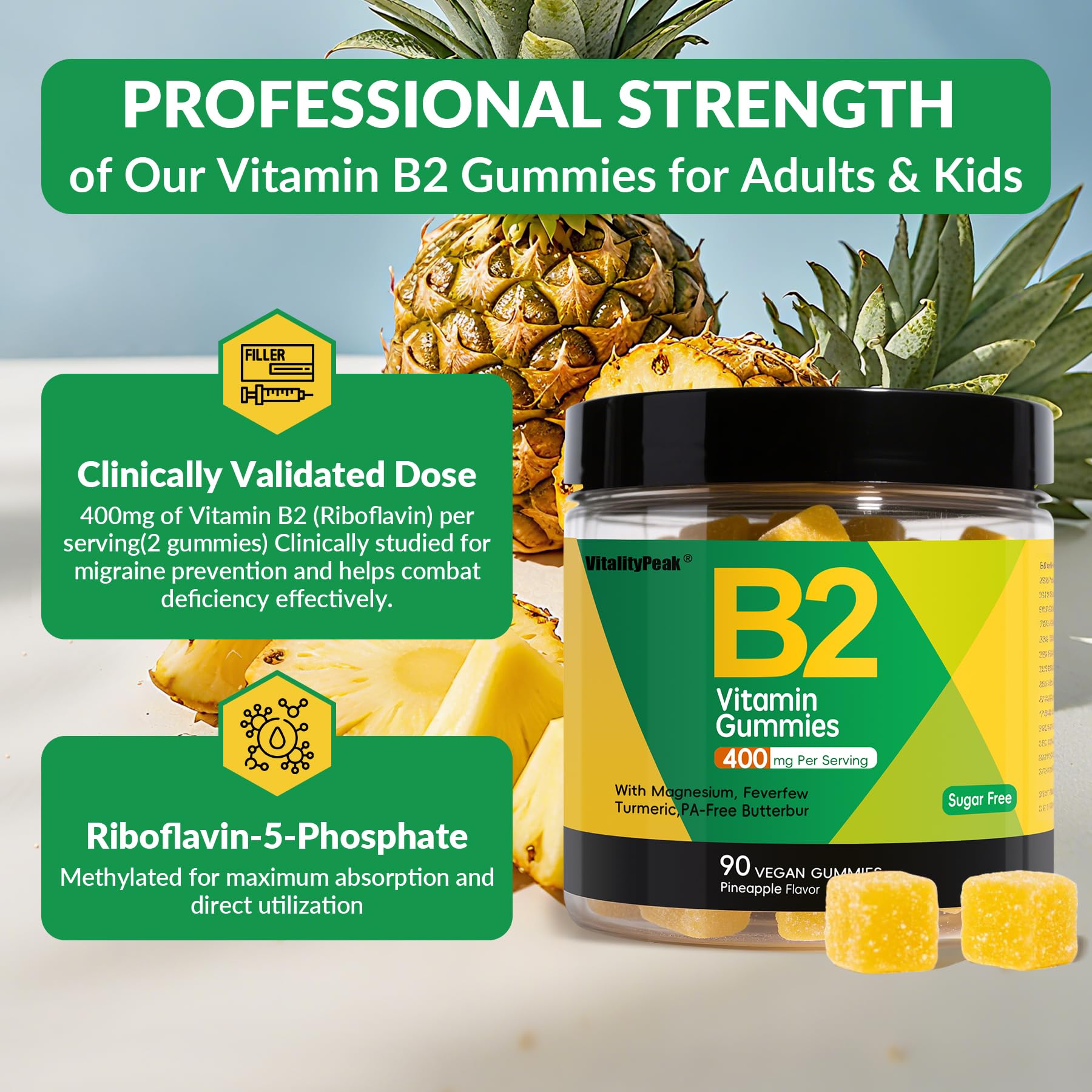 VitalityPeak gominolas junto a regla para comparar tamaño por porción