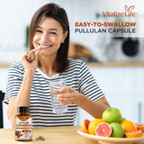 Vitalize Life cápsulas sobre fondo blanco destacando formato vegano