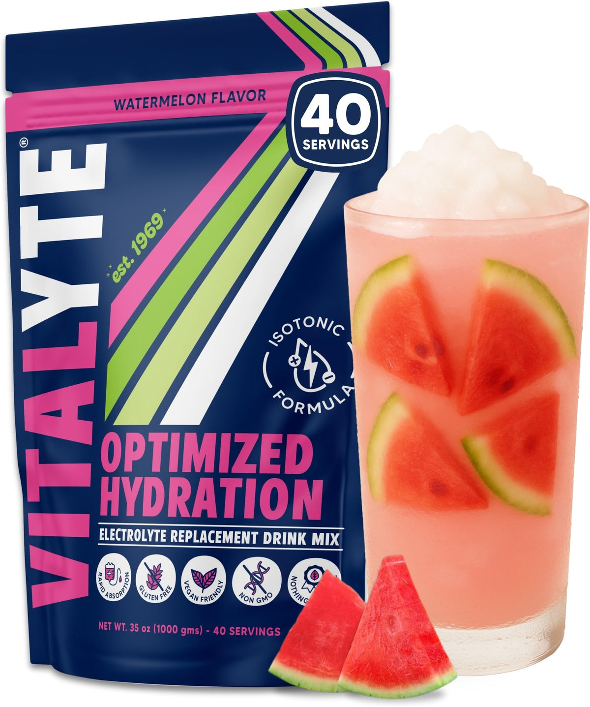 Vitalyte envase frontal sandía mostrando tamaño y marca, hidratación rápida