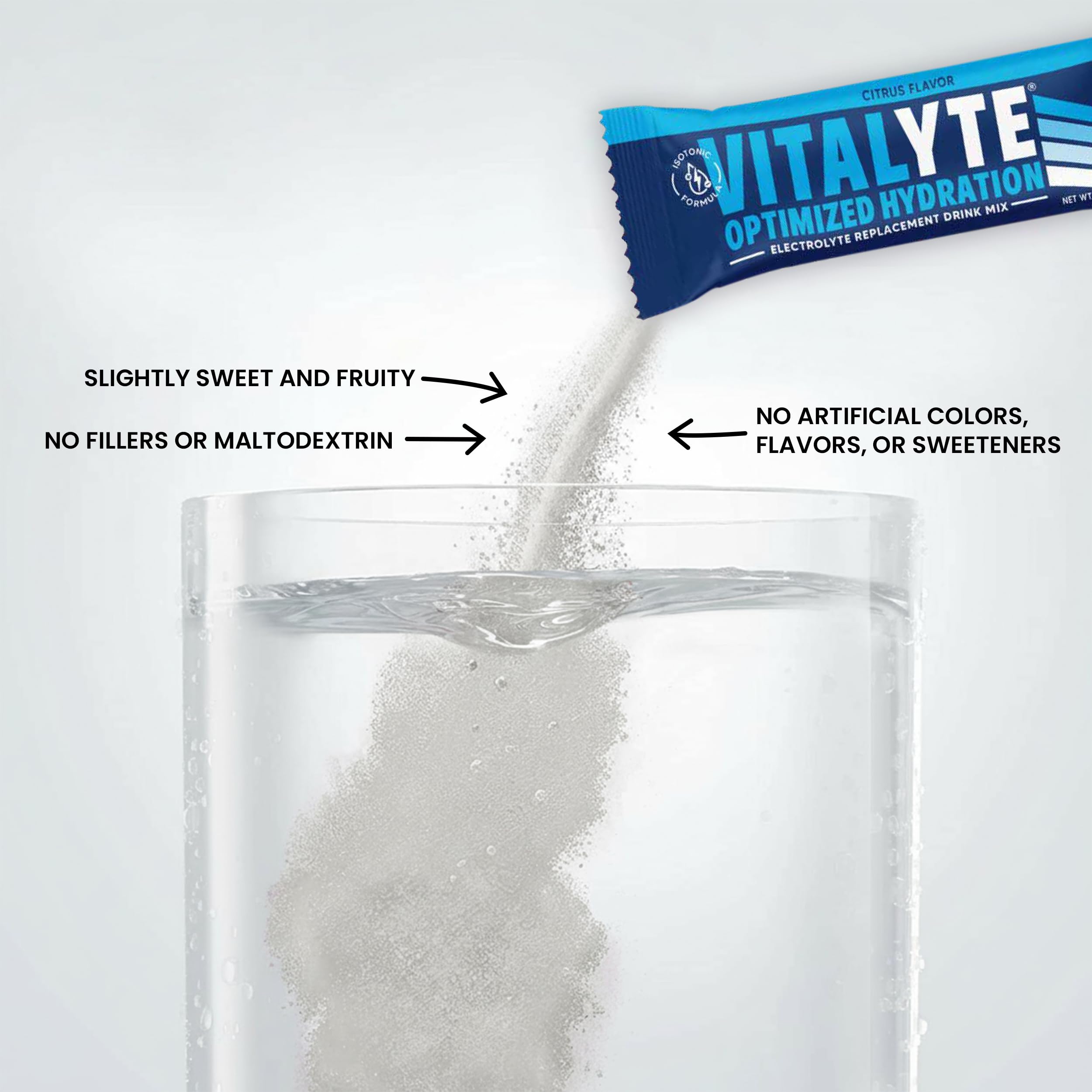 Vitalyte polvo en primer plano mostrando textura fina y disolución fácil