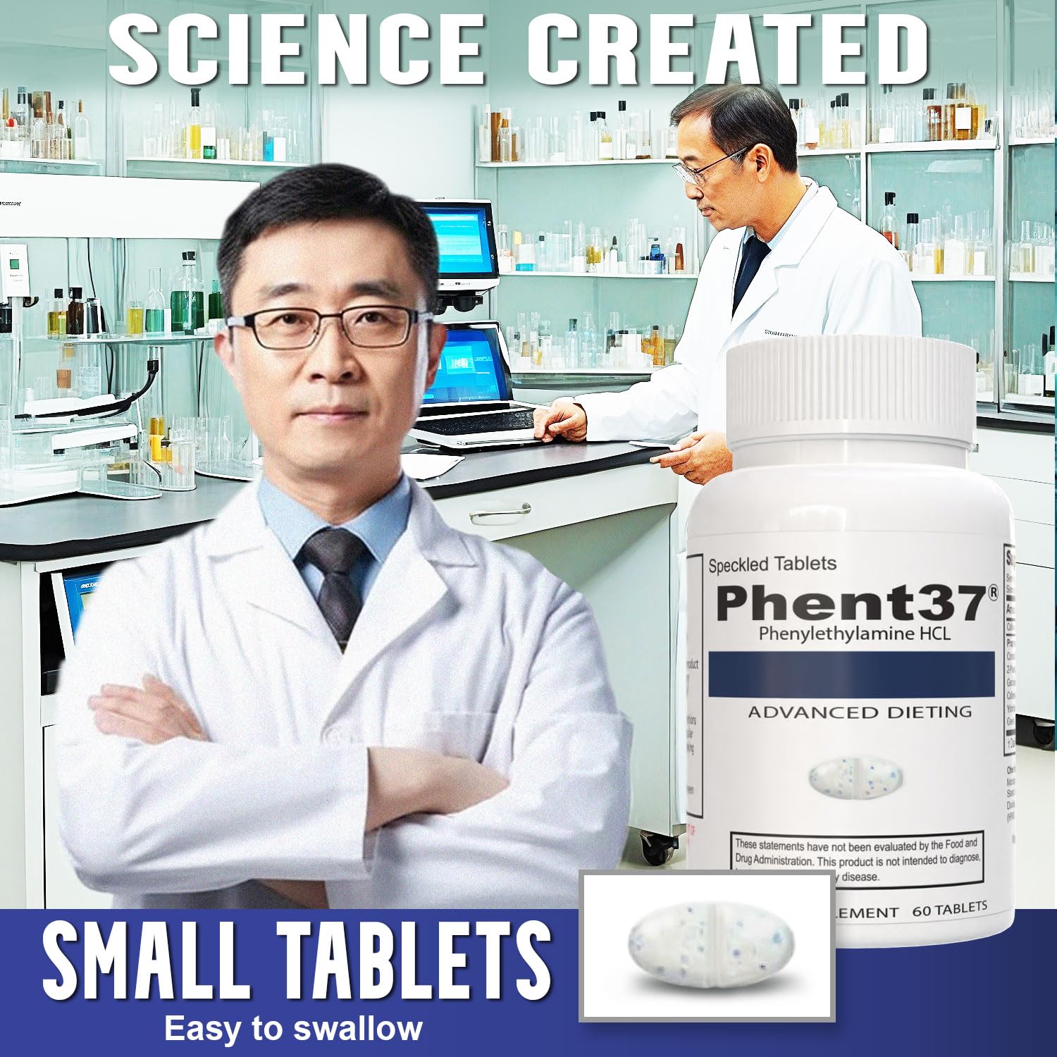 Vitamart Phent37 tabletas junto a moneda para comparar tamaño y dosificación