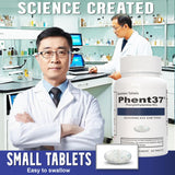Vitamart Phent37 tabletas junto a moneda para comparar tamaño y dosificación