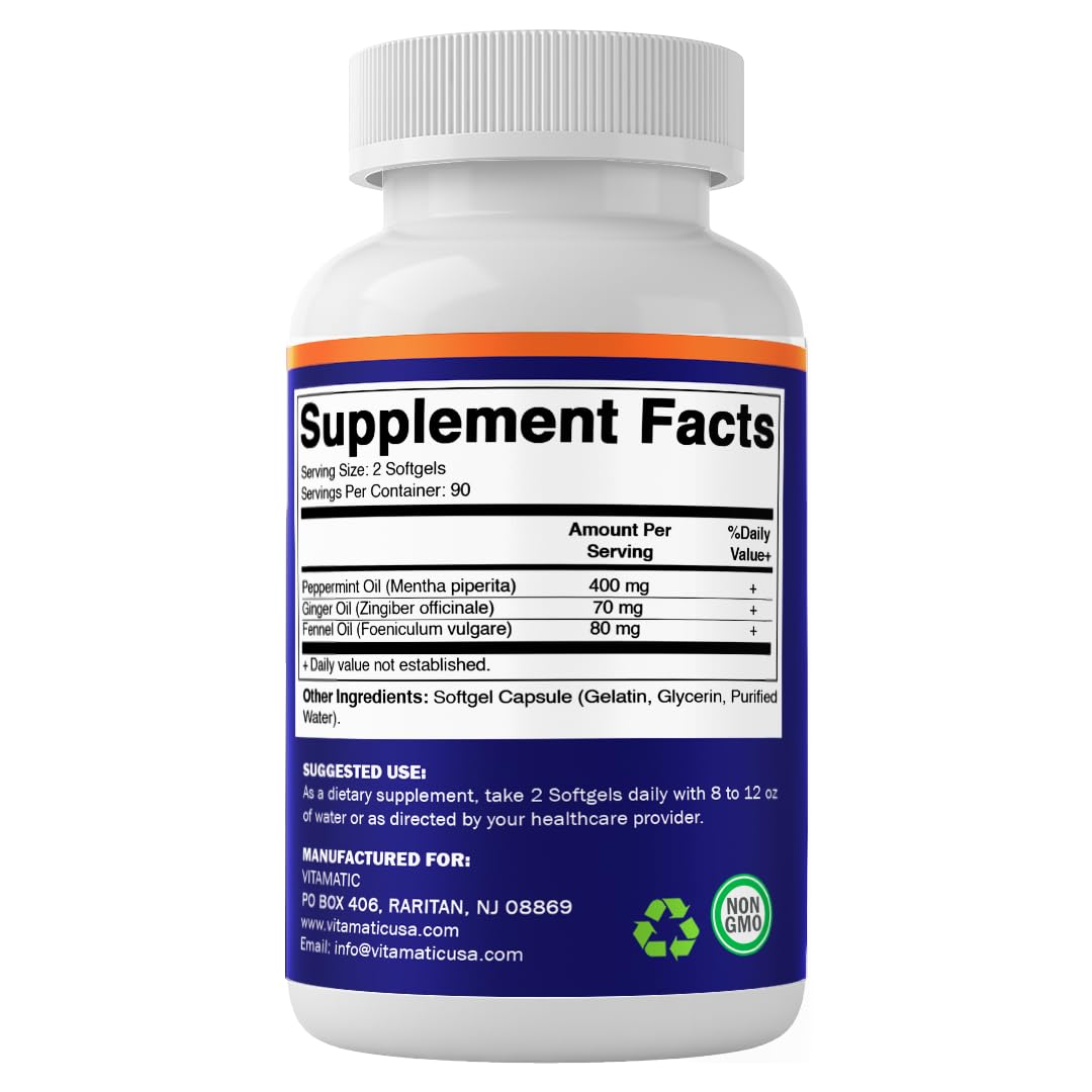 Vitamatic frasco abierto con 180 softgels destacando cantidad del envase