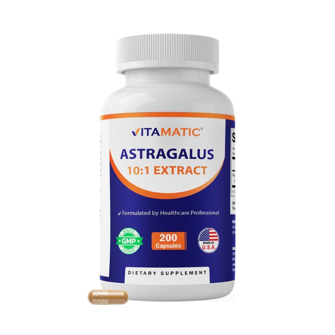 Vitamatic envase frontal del extracto de astrágalo mostrando 200 cápsulas y ventajas limpias