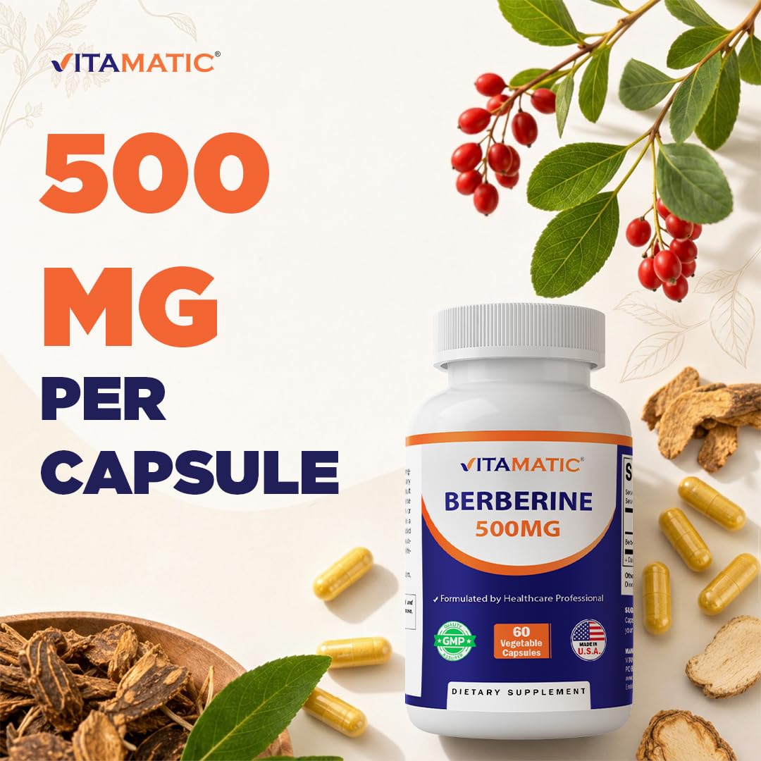 Vitamatic polvo de berberina en primer plano evidenciando pureza y fuente
