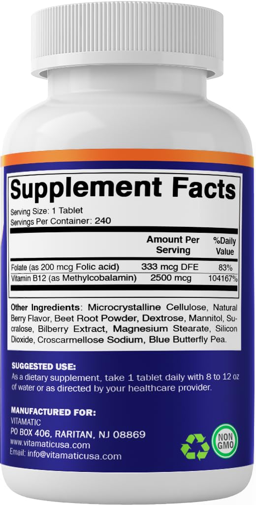 Vitamatic detalle de polvo sabor berry y tableta, sugiere sabor agradable