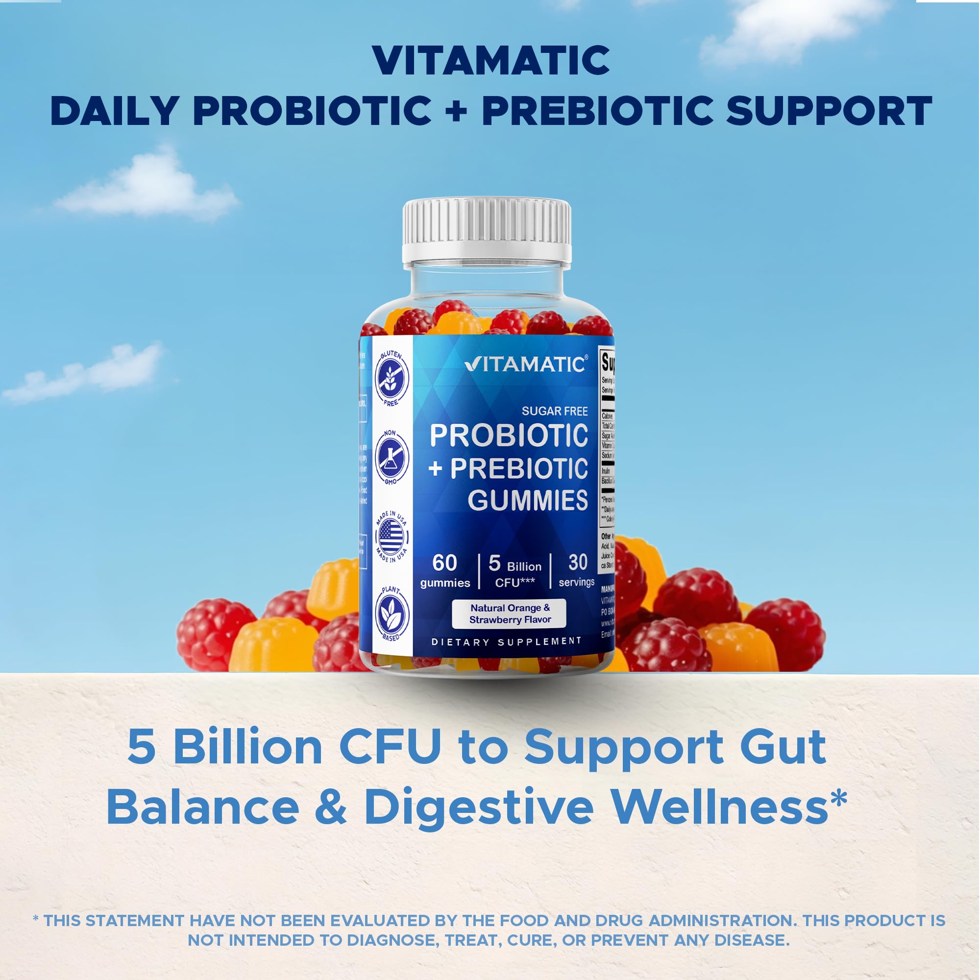 Vitamatic etiqueta con ingredientes, CFU y libre de alérgenos
