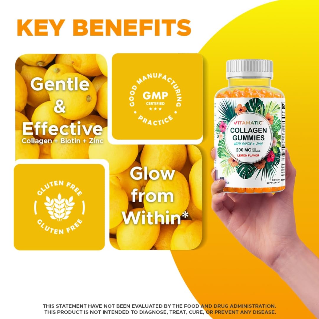 Vitamatic etiqueta con ingredientes clave: colágeno, vitamina C, zinc y biotina