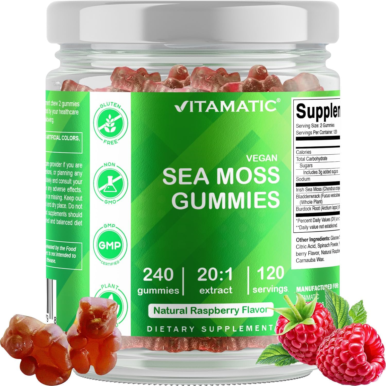 Vitamatic frasco frontal mostrando 240 gomitas y etiquetado claro