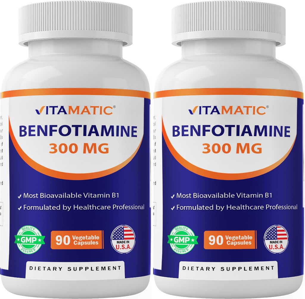 Vitamatic frasco frontal Benfotiamine mostrando etiqueta clara y beneficios