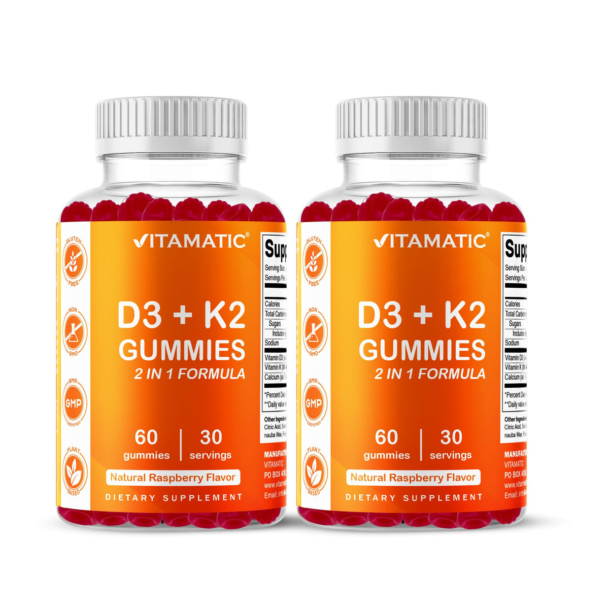 Vitamatic frasco frontal mostrando gomitas y beneficios de dosis clara