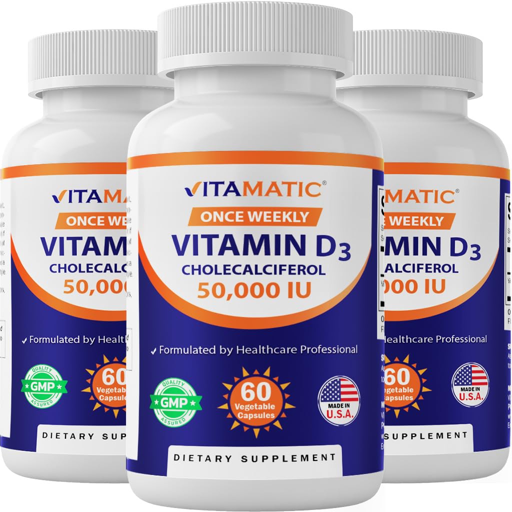 Vitamatic frasco frontal mostrando dosis semanal y 60 cápsulas para cumplimiento