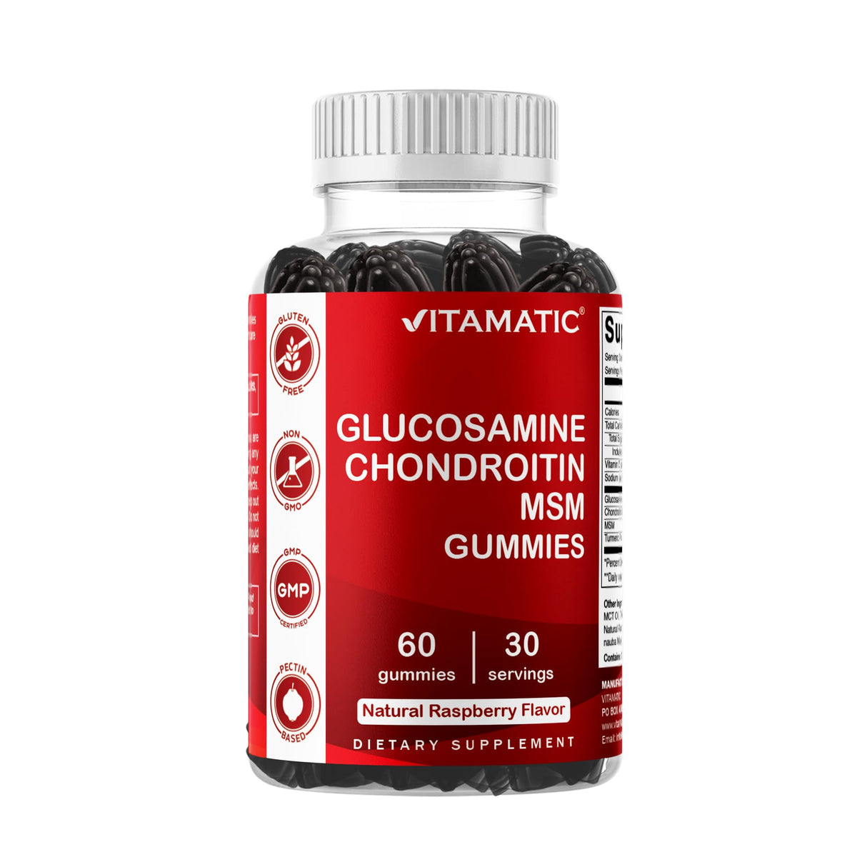 Vitamatic frasco frontal con etiquetas claras y beneficios visibles