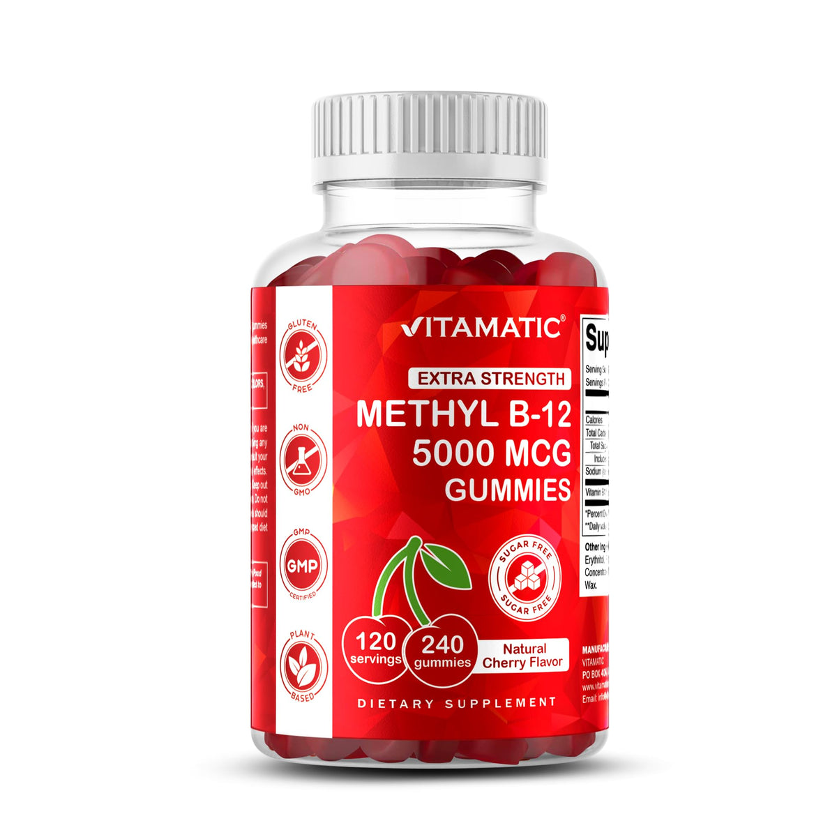 Vitamatic frasco frontal mostrando 240 gomitas y etiqueta clara