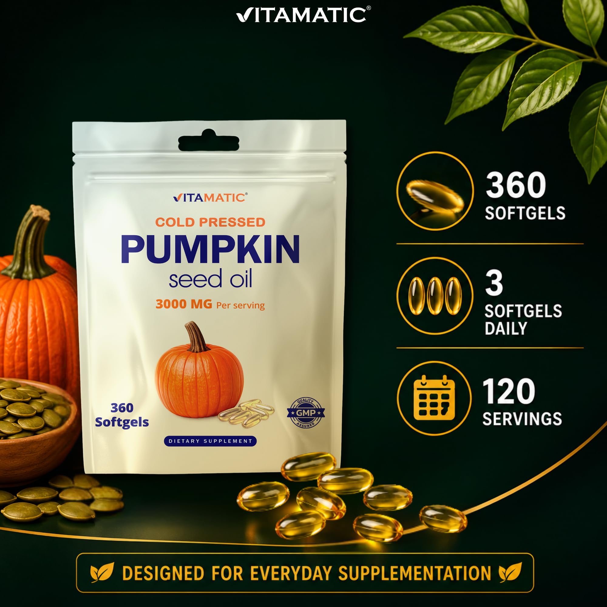 Vitamatic frasco junto a hojas de calabaza evocando origen natural del aceite