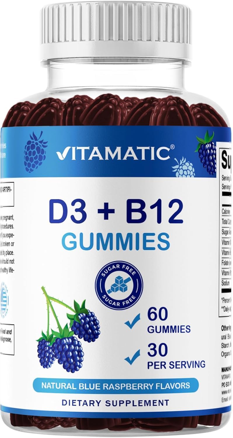 Vitamatic frente del envase mostrando 60 gomitas y sabor frambuesa azul, útil para identificar el producto