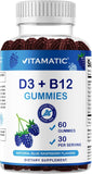 Vitamatic frente del envase mostrando 60 gomitas y sabor frambuesa azul, útil para identificar el producto