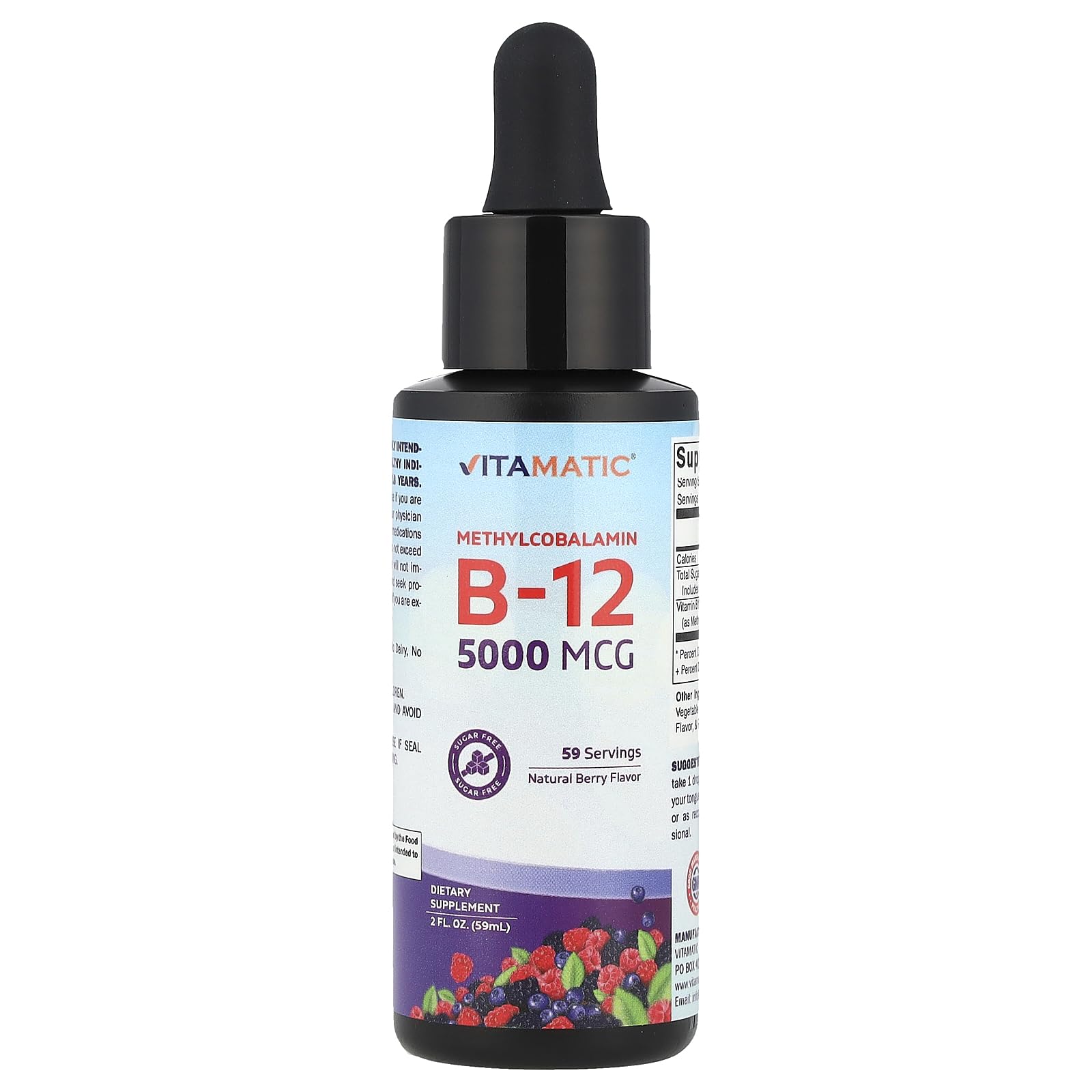 Vitamatic botella frontal mostrando etiqueta y concentración 5000 mcg para confianza