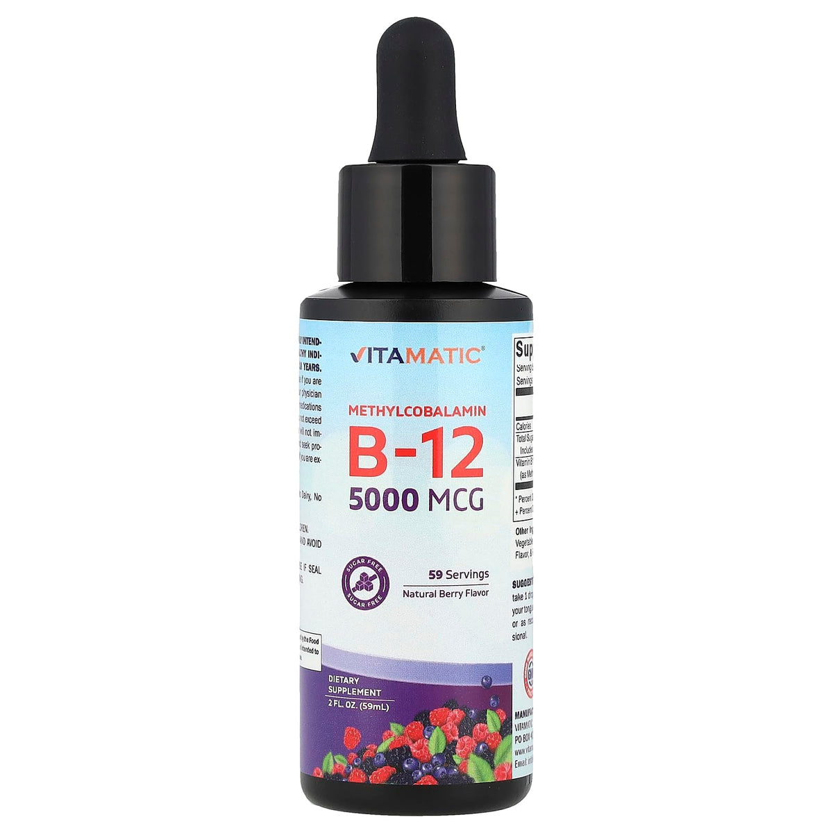 Vitamatic botella frontal mostrando etiqueta y concentración 5000 mcg para confianza