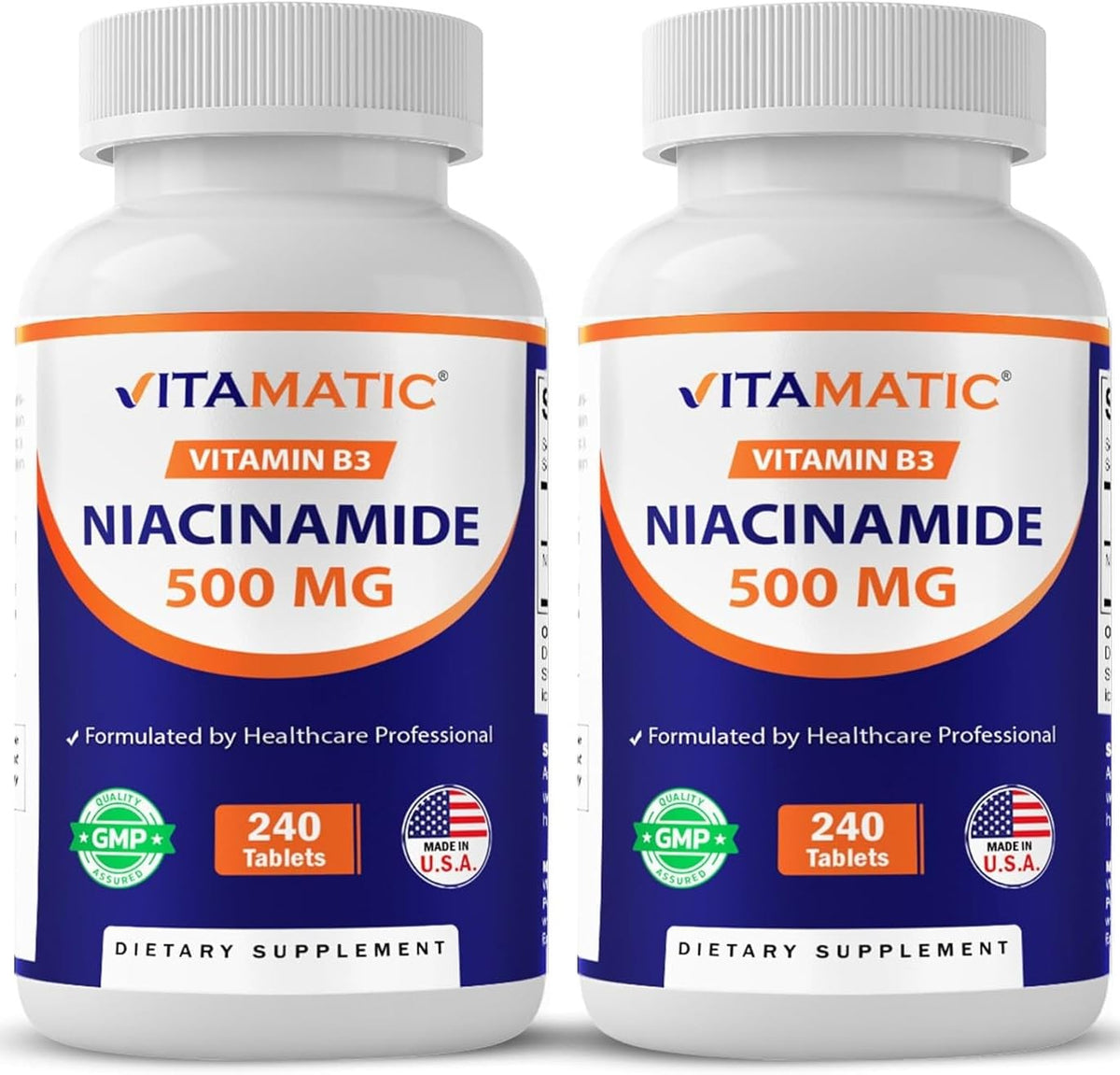 Vitamatic empaque frontal mostrando 240 tabletas, conveniencia de suministro