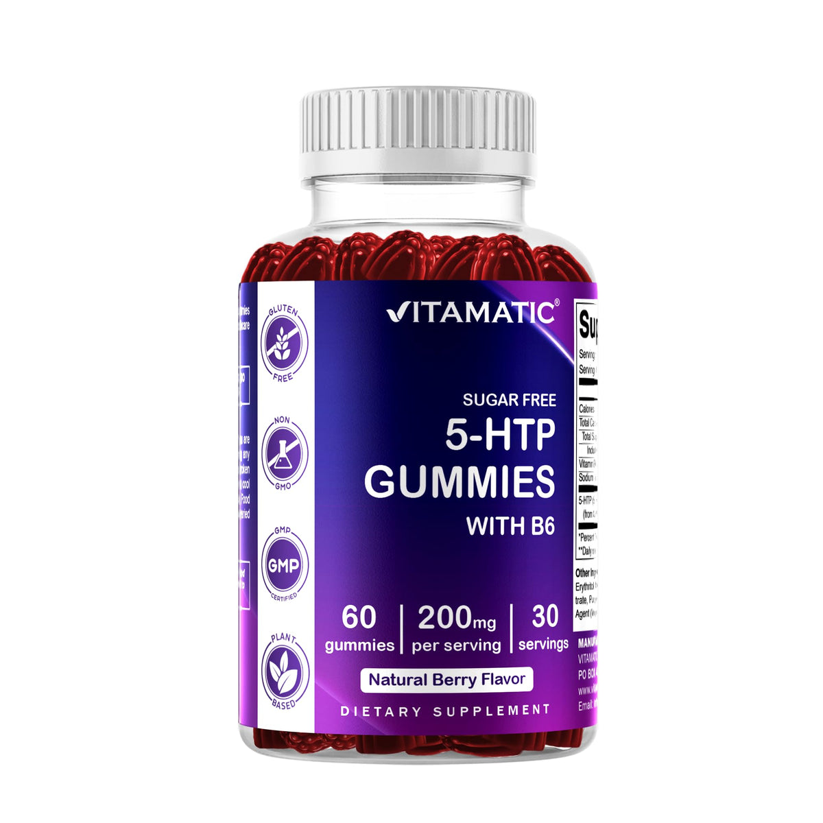 Vitamatic envase frontal de 5-HTP 200 mg gomitas, clara identificación y beneficios