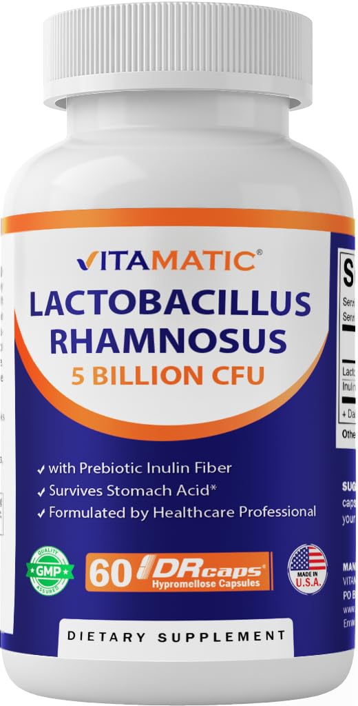 Vitamatic envase frontal mostrando Lactobacillus rhamnosus y beneficios claros
