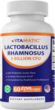 Vitamatic envase frontal mostrando Lactobacillus rhamnosus y beneficios claros