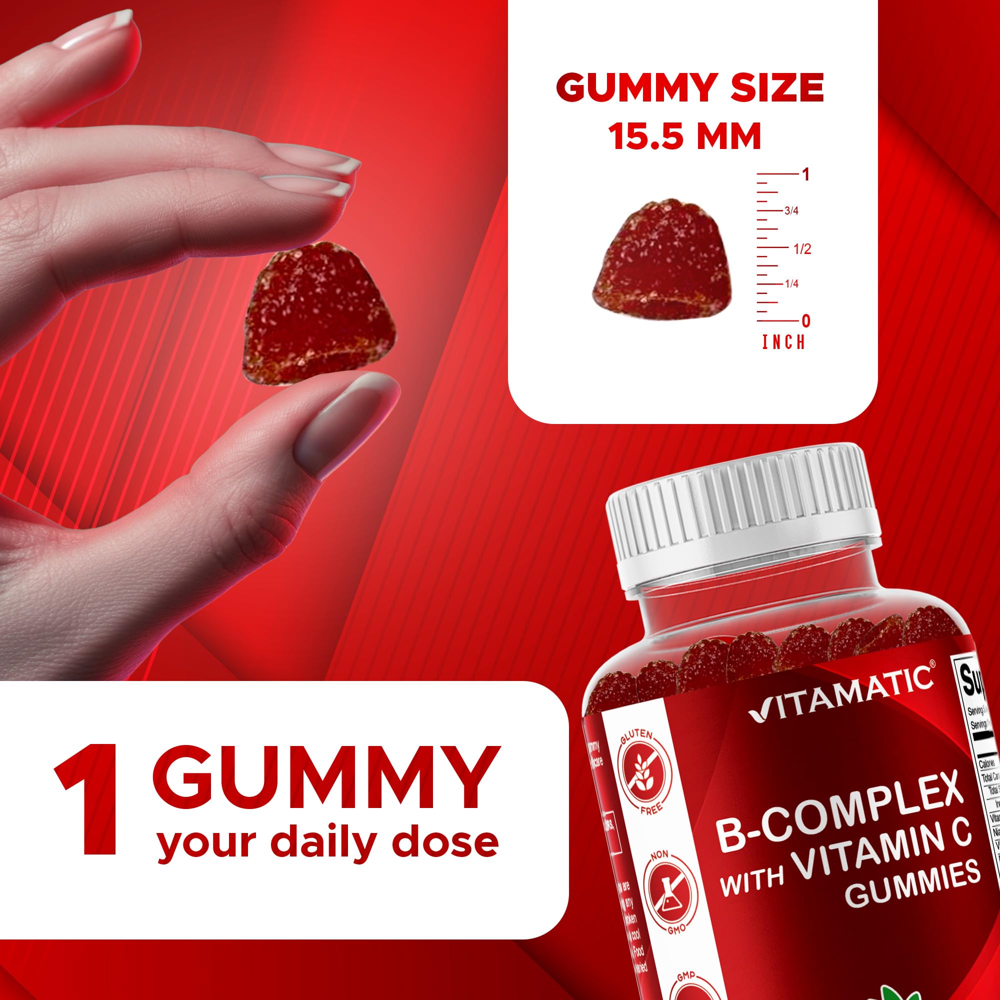 Vitamatic gomita en mano para mostrar tamaño y facilidad de consumo