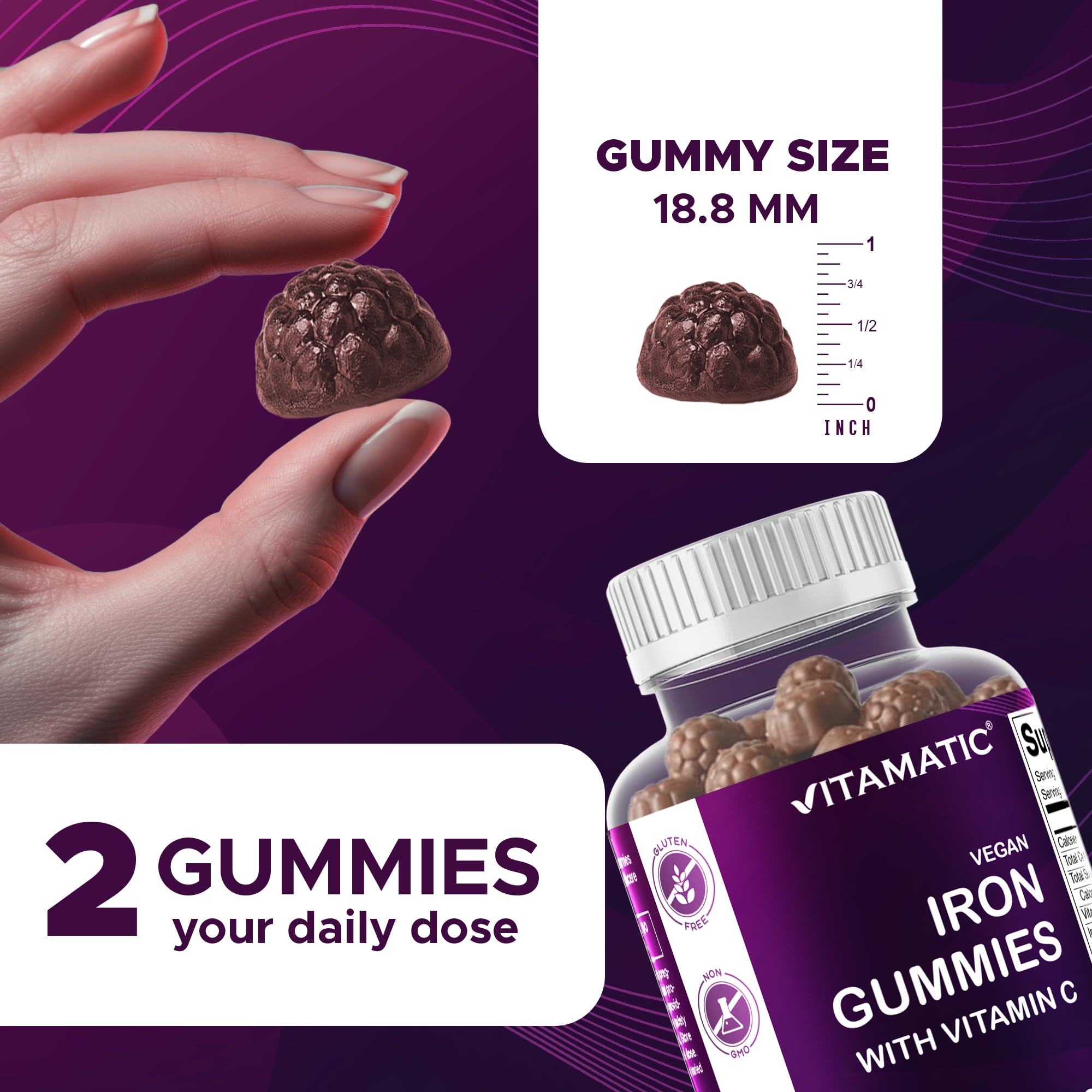 Vitamatic gomita en mano para comparar tamaño y facilidad de consumo