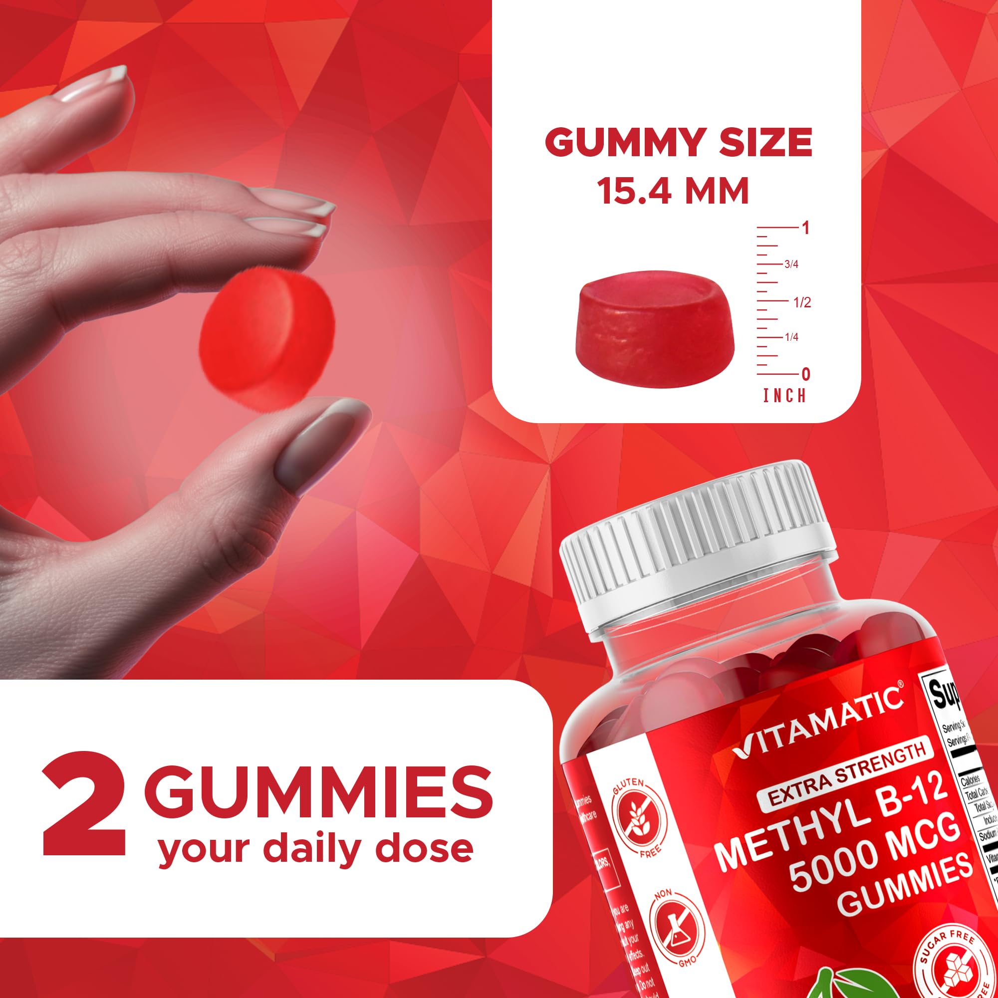 Vitamatic gomitas en mano para comparar tamaño y porción
