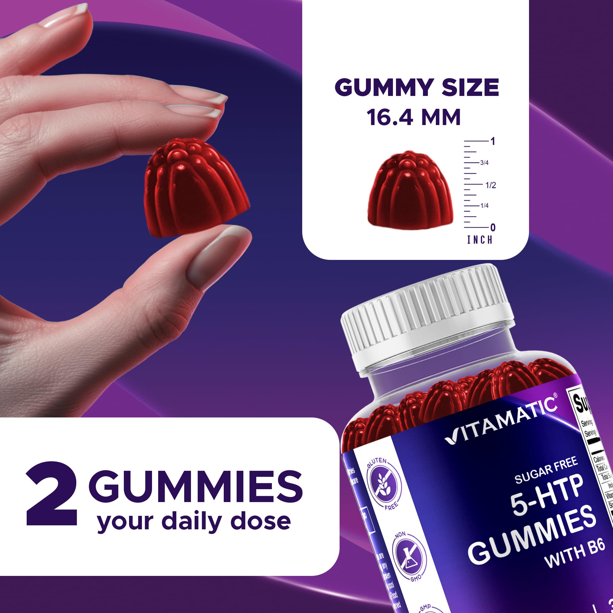 Porción en la mano con varias gomitas Vitamatic, fácil dosificación y consumo práctico