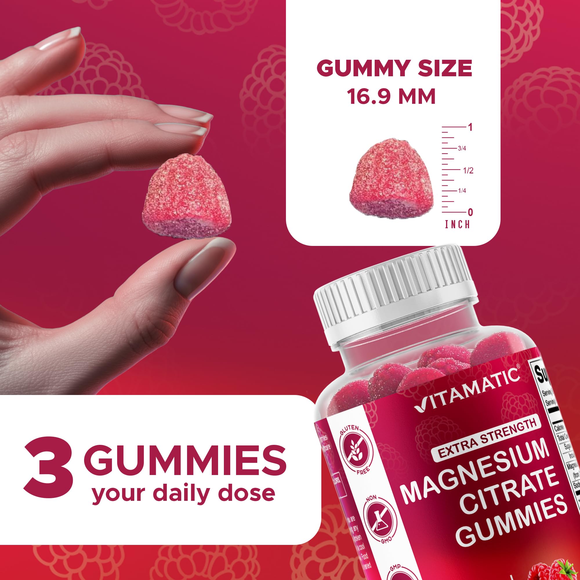 Gomitas Vitamatic en la mano mostrando tamaño práctico y portabilidad