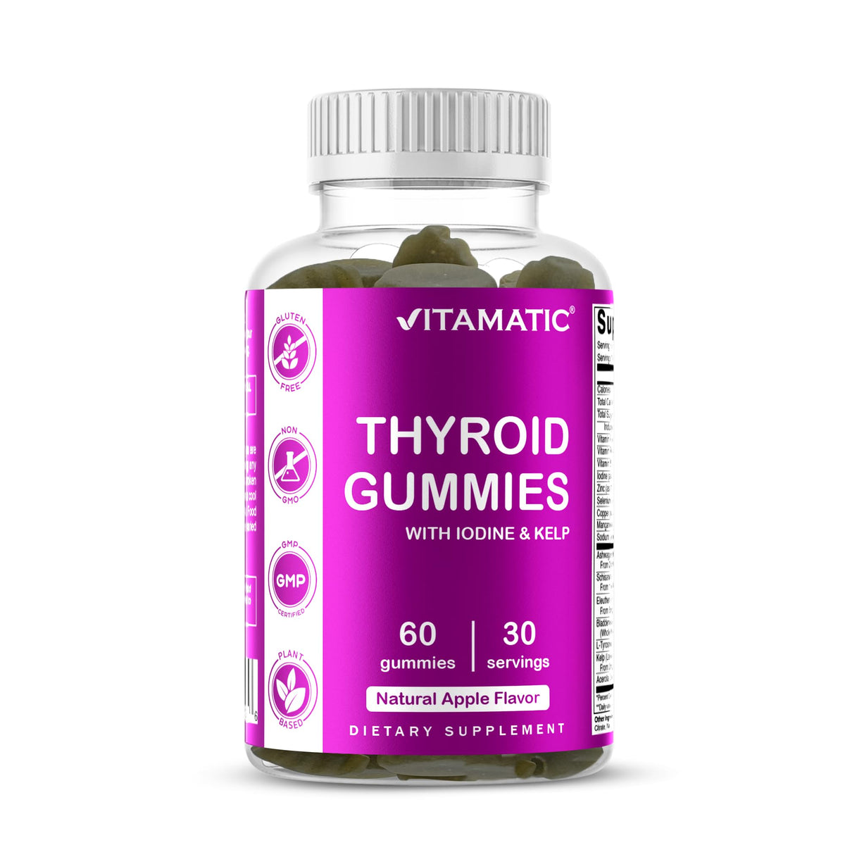 Vitamatic envase frontal mostrando 60 gomitas veganas y beneficios prácticos