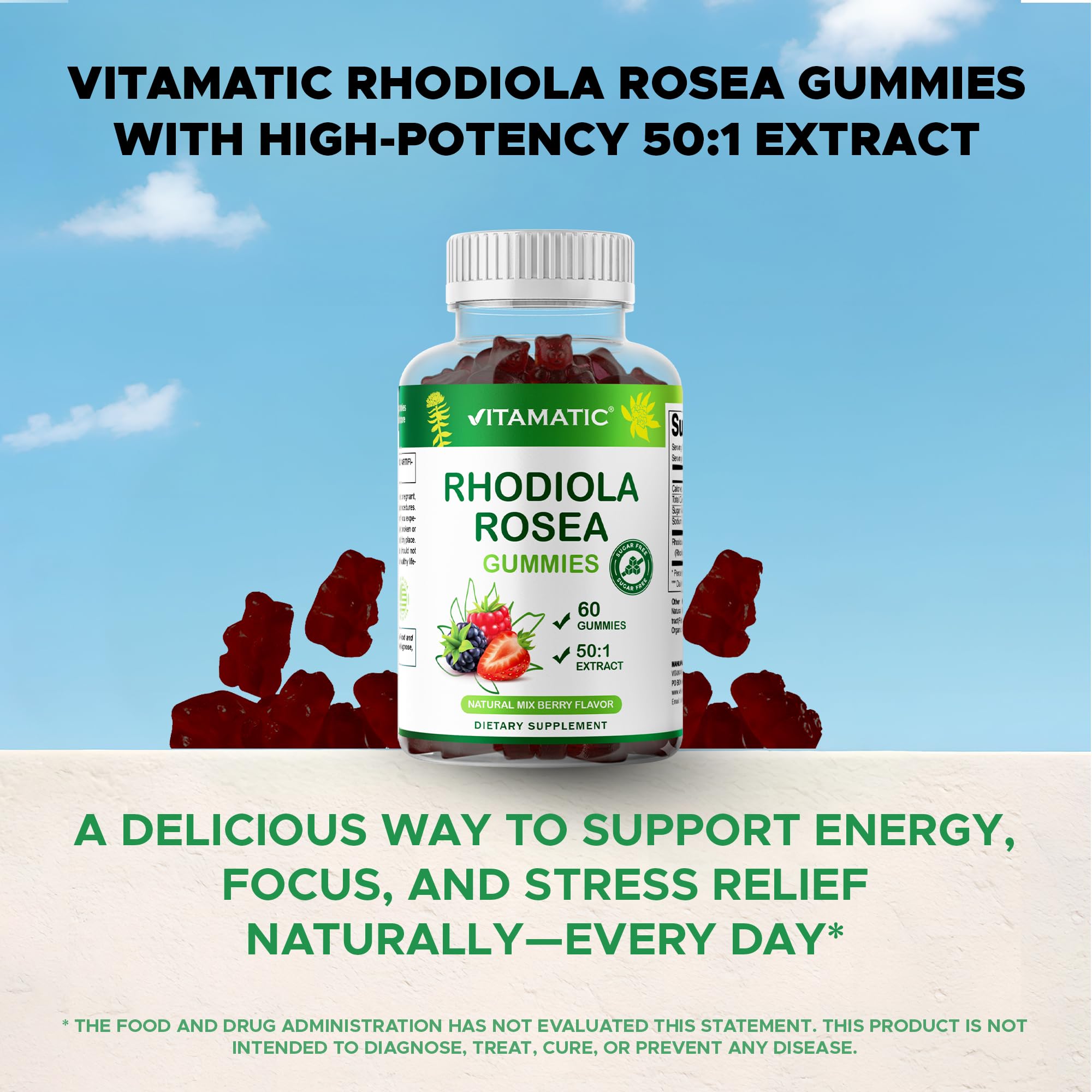 Vitamatic ingredientes listados en etiqueta destacando Rhodiola y origen vegetal