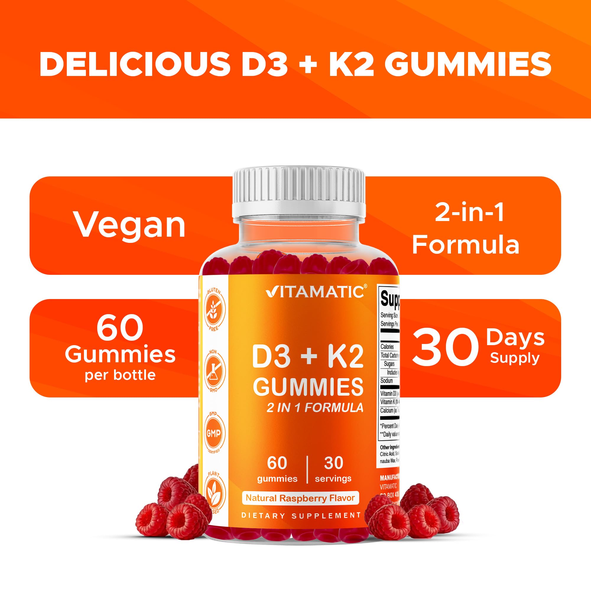 Vitamatic gomitas junto a frambuesas resaltando sabor natural