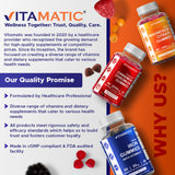 Vitamatic gomitas junto a cápsulas destacando la alternativa masticable