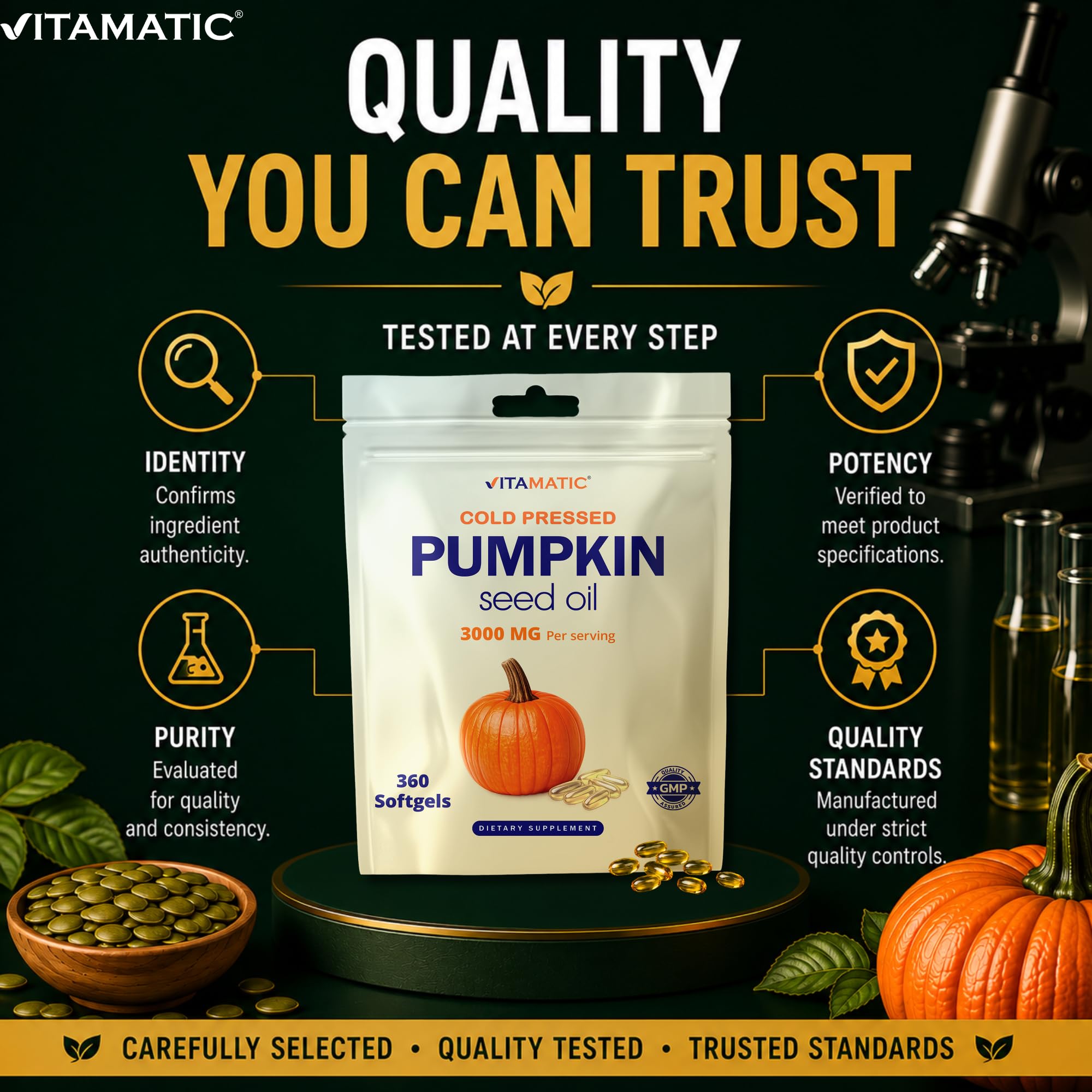Vitamatic sello GMP en envase indicando fabricación controlada en EE. UU.