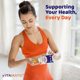 Vitamatic tamaño comparativo de la cápsula junto a una moneda para escala